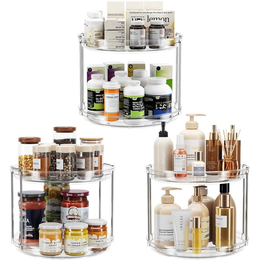 ROSSNY 3 Pack 9.25" 2-Tier Rotating Lazy Susan Turntable Cabinet Counter Organizer, Clear