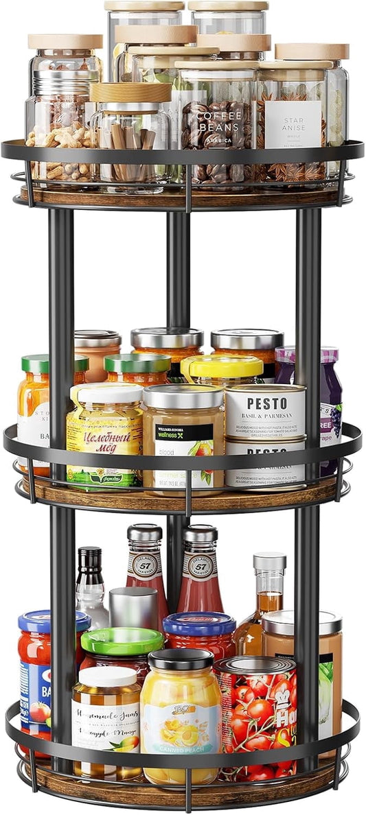 LAMU 10" 3-Tier Lazy Susans Turntable Organizer for Cabinet Pantry Kitchen Countertop Refrigerator Cupboard, Carbonized Wood Black