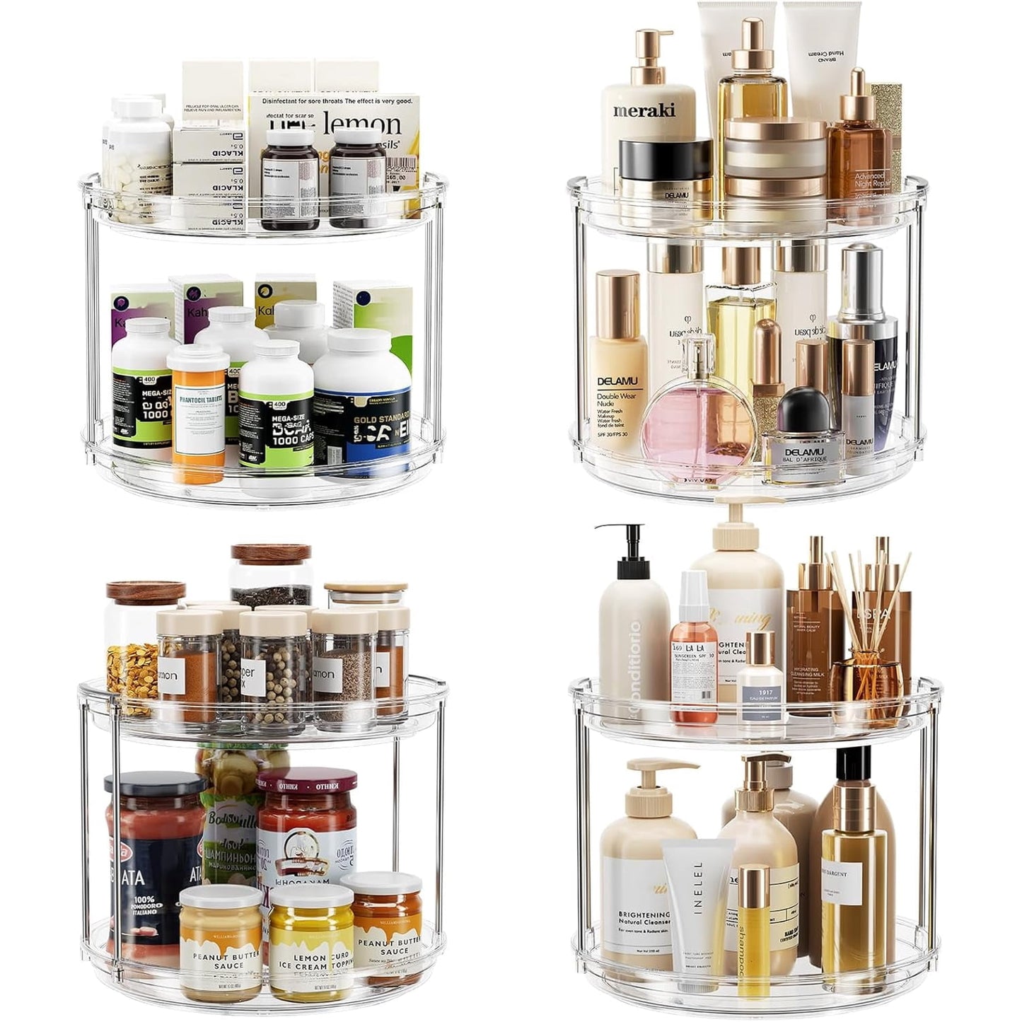 4 Pack 9.25 inch 2 Tier Rotating Lazy Susan Turntable Cabinet Counter Organizer, Transparent