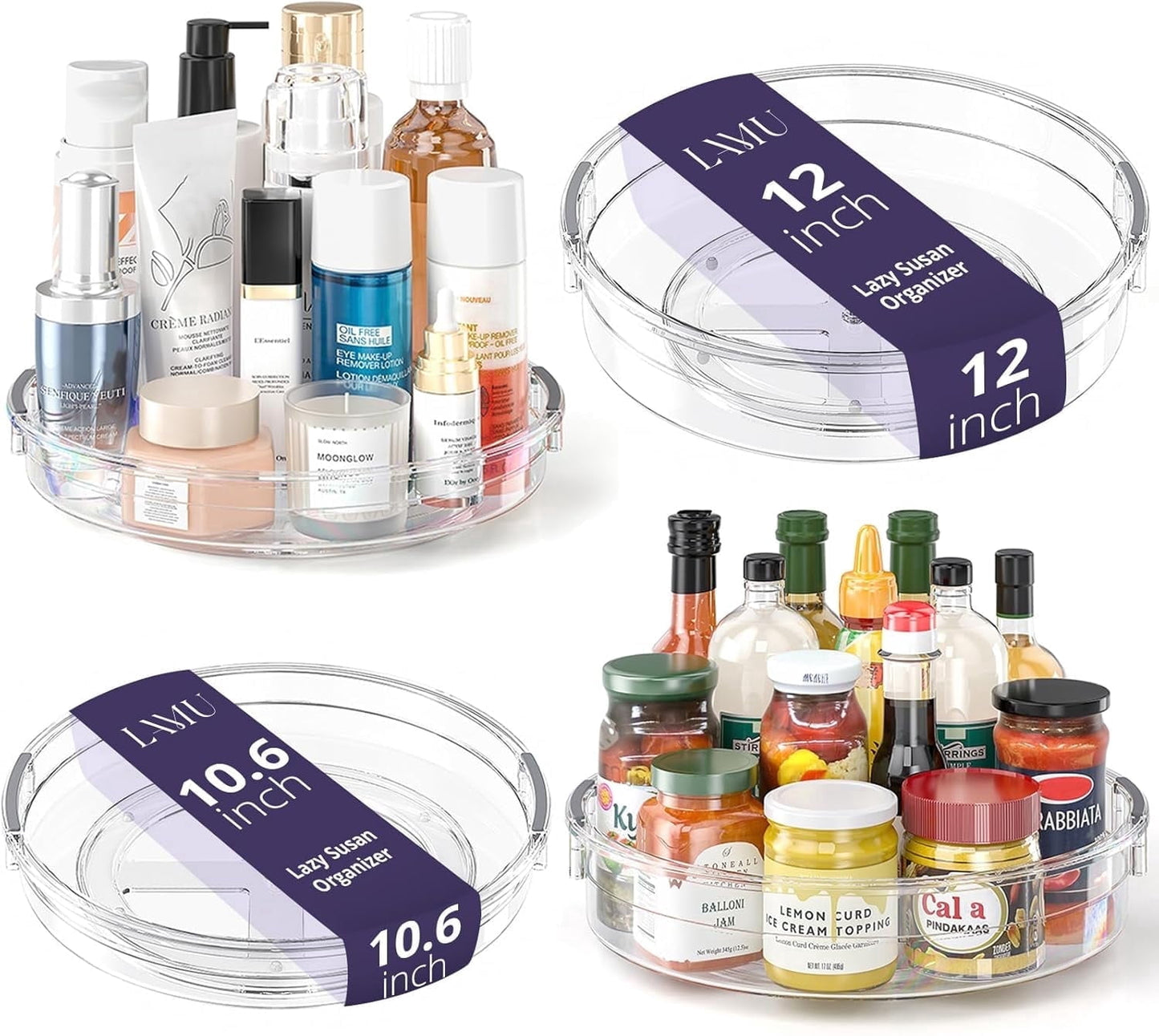 LAMU 4 Pack Lazy Susan Organizer, 12in 10.6in Lazy Susan Turntable Organizer for Cabinet, Kitchen, Refrigerator, Pantry, Countertop, Table Top, Bathroom, Spice Organization, Clear