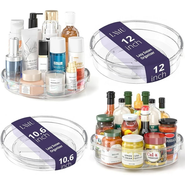 LAMU 4 Pack Lazy Susan Organizer, 12in 10.6in Lazy Susan Turntable Organizer for Cabinet, Kitchen, Refrigerator, Pantry, Countertop, Table Top, Bathroom, Spice Organization, Clear