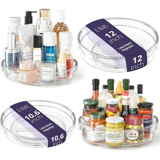 LAMU 4 Pack Lazy Susan Organizer, 12in 10.6in Lazy Susan Turntable Organizer for Cabinet, Kitchen, Refrigerator, Pantry, Countertop, Table Top, Bathroom, Spice Organization, Clear