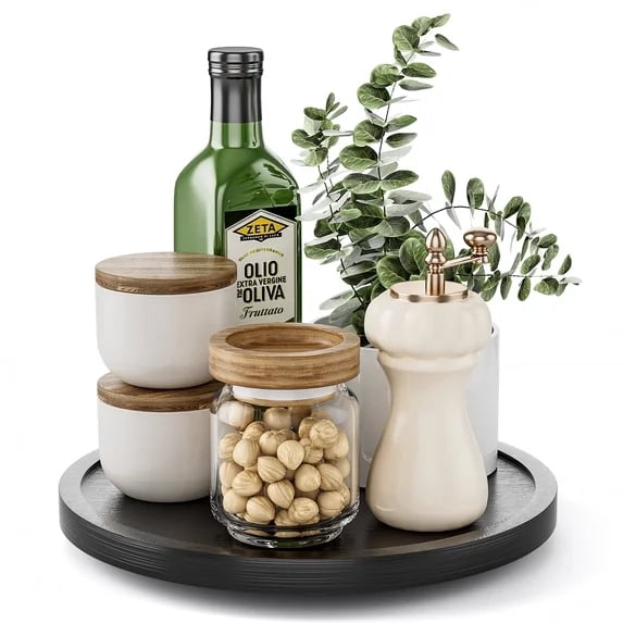 LAMU 9" Bamboo Lazy Susan Kitchen Turntable for Pantry Cabinet or Table, Black
