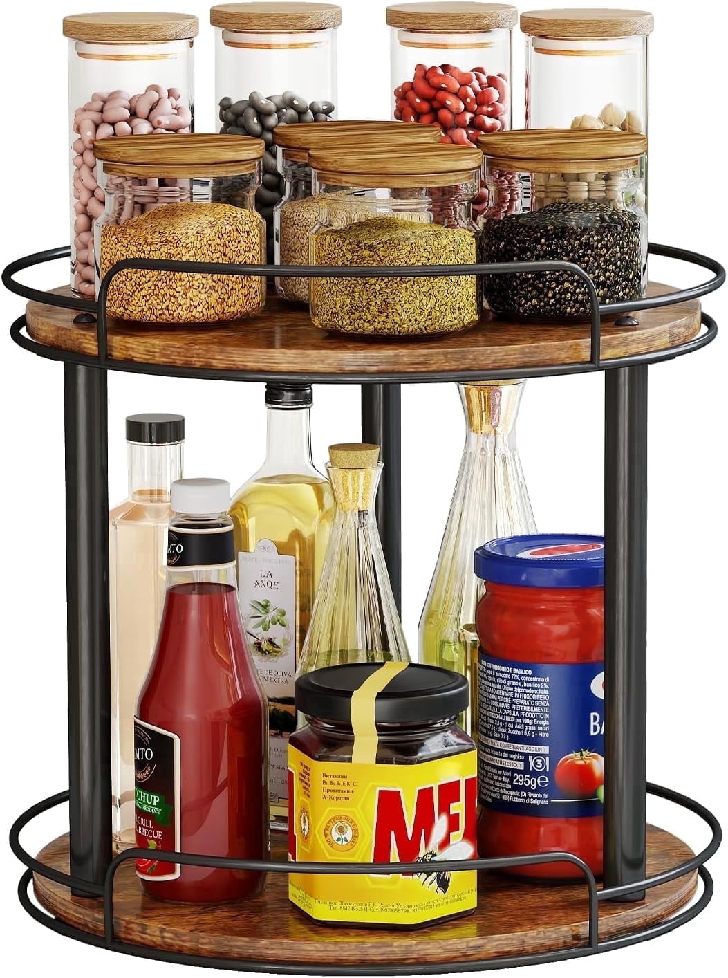 LAMU 10.2'' Wood Lazy Susan Turntable Organizer for Cabinet, 2 Tier Lazy Susan Spice Rack Organizer for Kitchen, Table Top, Countertop, Pantry, Medicine Organizer