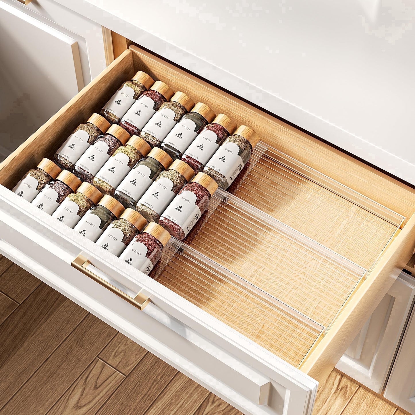 LAMU Spice Drawer Organizer, 6 Packs (3 Tier- 2 Set ) Expandable from 11" to 22" Seasoning Rack Tray Insert, Spice Rack Tray for Kitchen Drawer Countertop, Jars not included