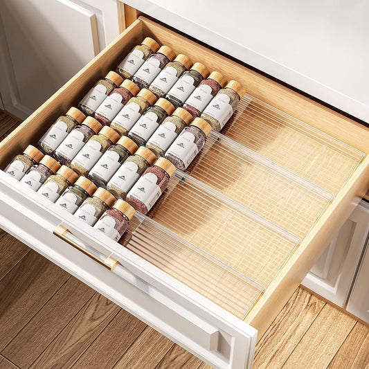 LAMU Spice Drawer Organizer, 8 Pack 2 Tier Expandable from 11" to 22" Seasoning Rack Tray Insert, Spice Rack Tray for Kitchen Drawer Countertop, Transparent