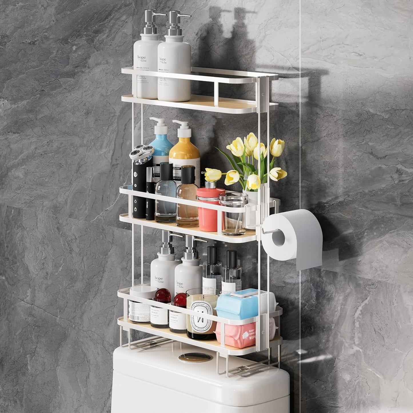 LAMU Over Toilet Bathroom Organizer, Over the Toilet Storage Shelf, Bathroom Shelves Over Toilet, 3-tier Toilet Storage Rack, Behind Toilet Organizer, White