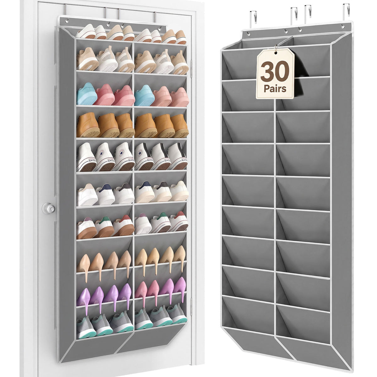 LazySpin 20-30 Pairs Over the Door Shoe Organizer, Pockets Hanging Shoe Storage for Closet, 10-Tier Door Shoes Rack, Handing Shoes Holder for Sneakers, Boots, Heels, Gray