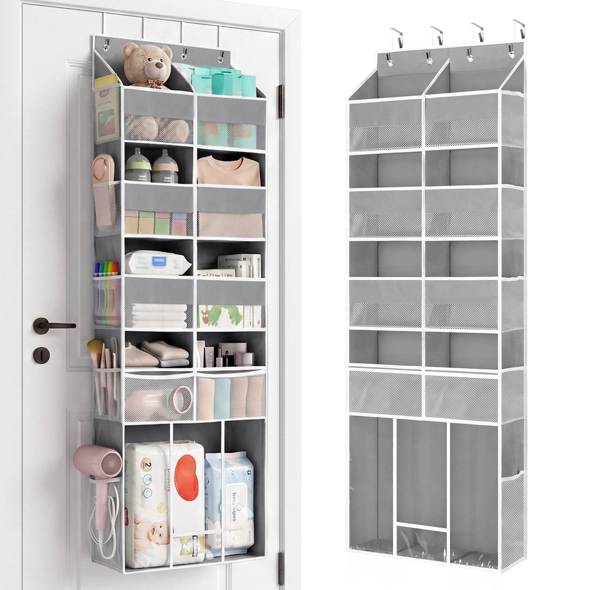 LazySpin 5 Tier Over The Door Organizer and Storage, 80lbs Capacity with Extra Large Pocket Hanging Organizer for Bathroom, Bedroom, Closet, 60inch H, Gray