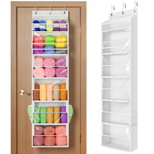 LazySpin Hanging Yarn Storage Organizer with 6 Zipper Closure Compartments, Large Capacity Knitting Organizer Storage,  White
