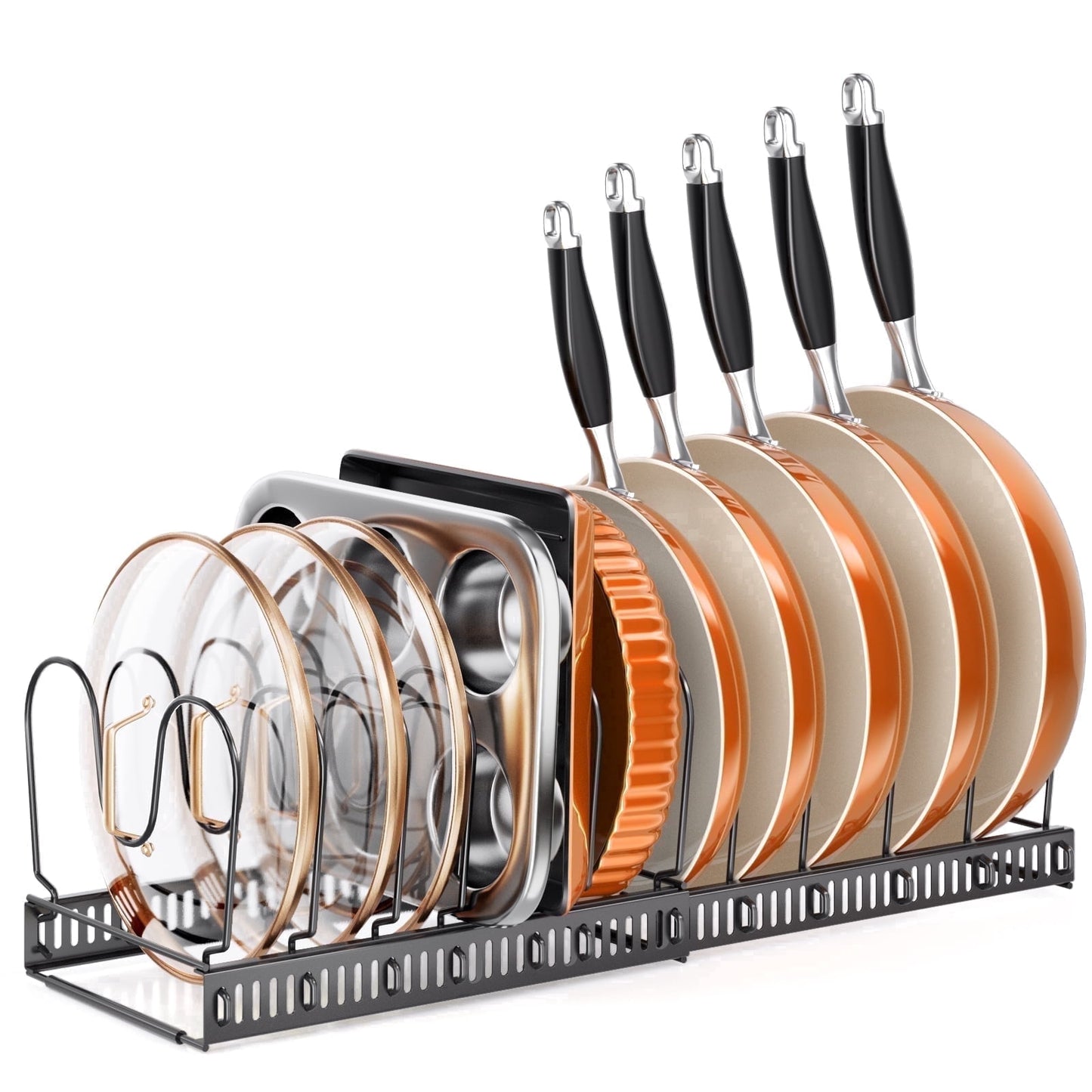 PANTASIA Expandable Pot and Pan Organizer Rack, 12+ Pot Lid Organizer Holder, Bakeware Adjustable Rack, Kitchen Cabinet Organizer for Bakeware Cutting Boards, Black