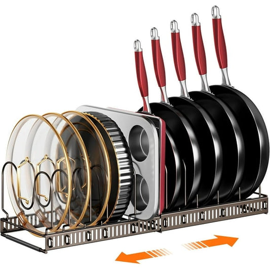 Delamu Pots and Pans Organizer Rack Expandable with 12 Adjustable Dividers, Bronze