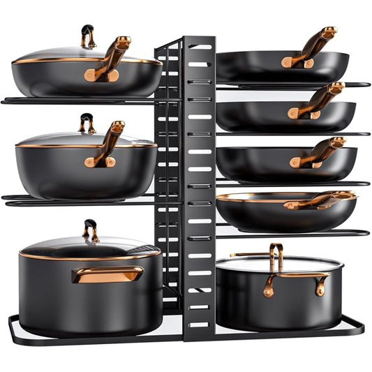Delamu Pots and Pans Organizer Rack under Cabinet, 8-Tier Adjustable Pot Racks, Pan Organizers inside Cabinet with 3 DIY Methods