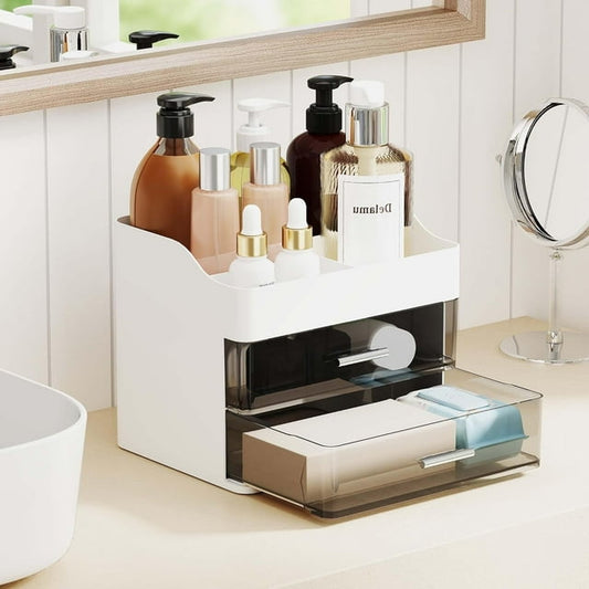 Delamu Makeup Organizer Countertop, 3-Tier Large Capacity Bathroom Counter Organizer with 2 Clear Drawers for Easy Access, Ideal for Makeup, Skincare, Lipsticks,