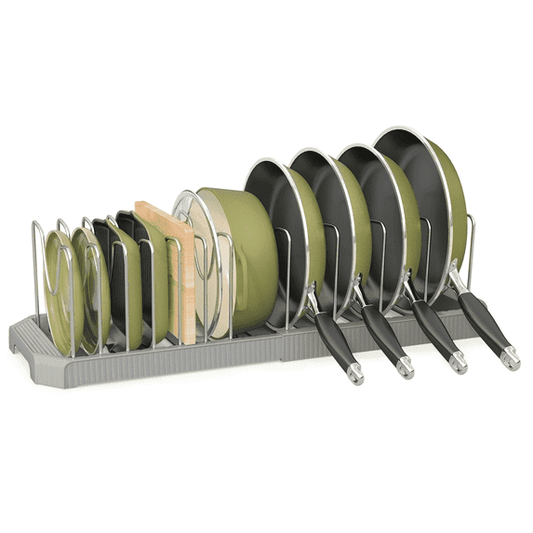 ORDORA Expandable Pan Organizer with 12 Adjustable Shelves, Multifunctional Pots and Pans Organizer Rack for Kitchen Cabinets, Stainless Steel Pot Rack Lid Holder, Gray