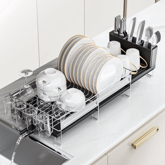 ORDORA Extendable Dish Drying Rack, Stainless Steel Dish Rack with Black Drainboard, Multifunctional Kitchen Drainer Set with Utensil Holder & Cup Holder, Adjustable Length 13.4"-28.7" x 11.8"W