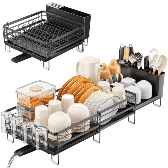 ORDORA Dish Drying Rack - Extendable Dish Rack Kitchen Drainer Set, Dish Drainer with Drainboard Set, Utensil Holder & Cup Holder, 13.4"-28.7" L x 11.8" W