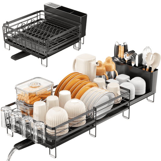 ORDORA Dish Drying Rack - Extendable Dish Rack Kitchen Drainer Set, Dish Drainer with Drainboard Set, Utensil Holder & Cup Holder, 13.4"-28.7" L x 11.8" W