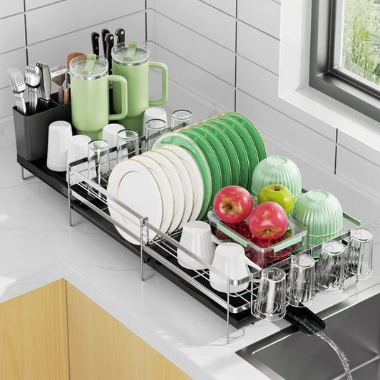 ORDORA Large Dish Drying Rack - Extendable Dish Rack for Kitchen Counter, Multifunctional Dish Drainer with Drainboard Set, Dishrack with Utensil Holder & Cup Holder, 13.4"-28.7" L x 11.8" W