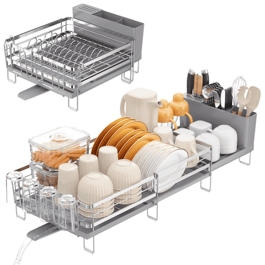 ORDORA Extendable Dish Rack Kitchen Drainer Set with Utensil & Cup Holders, Silver