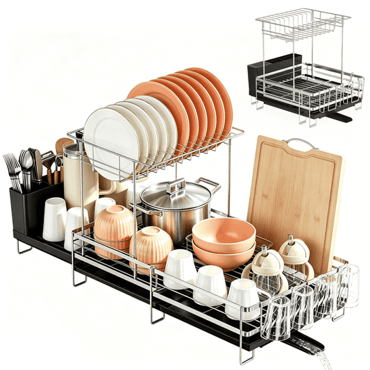 ORDORA Large Dish Drying Rack - Extendable Dish Rack for Kitchen Counter, Multifunctional Dish Drainer with Drainboard Set, Dishrack with Utensil Holder & Cup Holder, 13.4"-28.7" L x 11.8" W