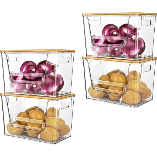 Potato Storage Bin, DELAMU Onion Holder Stackable Kitchen Pantry Organizer with Bamboo Lid 4 Pack, Clear