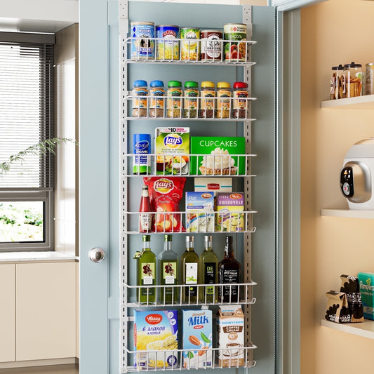 Over the Door Spice Rack, Delamu Pantry Door Organizer Rack Kitchen Organization and Storage with 6 Tier Adjustable Shelves Powder Coated Steel White