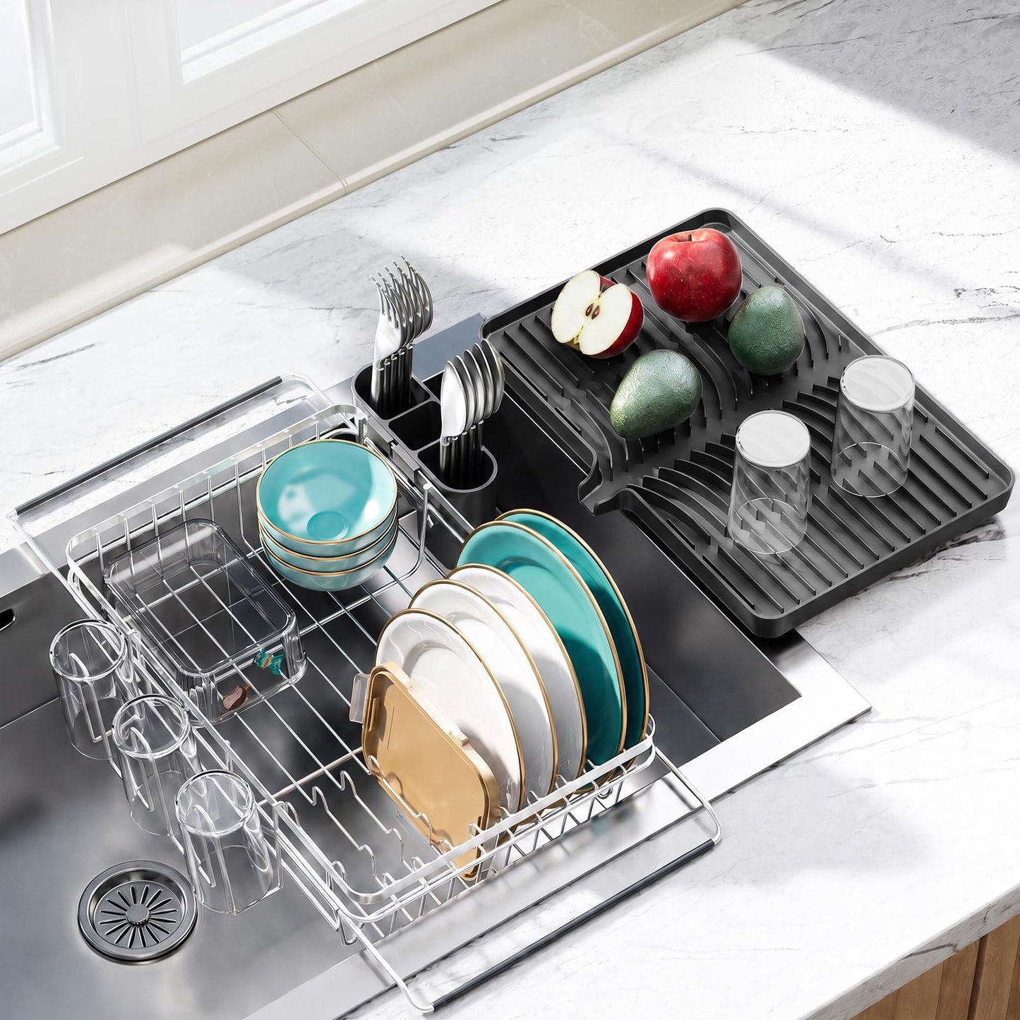 PANTASIA Expandable Dish Drying Rack with Removable Drain Tray,  Sink Organizer with Cup & Utensil Holder, Space-Saving Countertop Rack, Small Dish Drainers for 16"-22" Kitchen Sink, Black