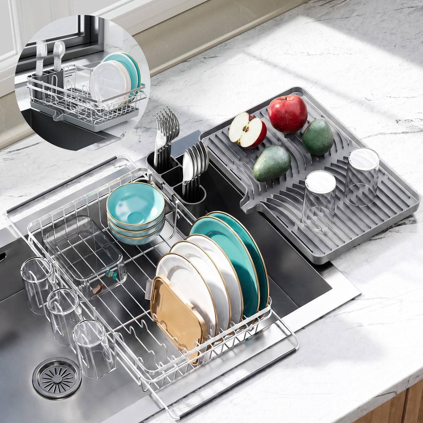 PANTASIA Expandable Dish Drying Rack with Removable Drain Tray,  Sink Organizer with Cup & Utensil Holder, Space-Saving Countertop Rack, Small Dish Drainers for 16"-22" Kitchen Sink, Gray