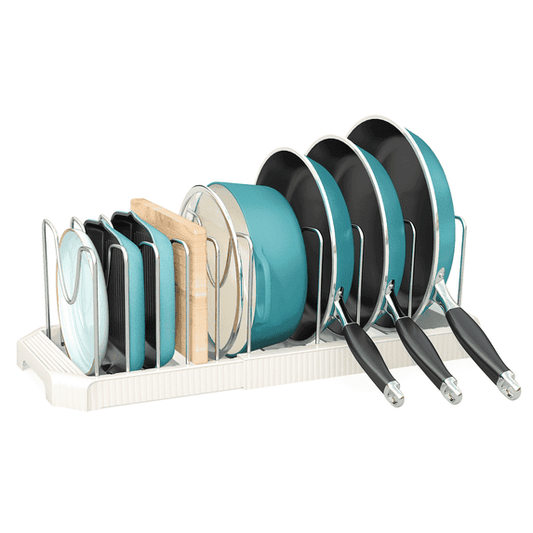 Pan and Pot Organizer, ORDORA Expandable Pot and Pan Organizer Rack for Cabinet, Heavy Duty Pot Rack for Kitchen Organizers and Storage Holder with 10 Dividers
