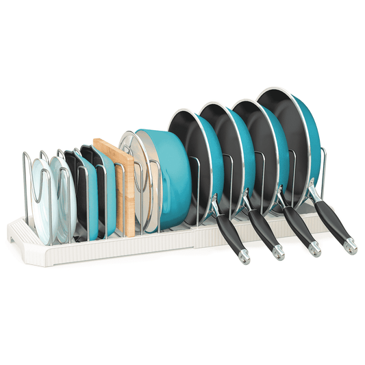 PANTASIA Expandable Pan Organizer with 12 Adjustable Shelves, Multifunctional Pots and Pans Organizer Rack for Kitchen Cabinets, Stainless Steel Pot Rack Lid Holder, White