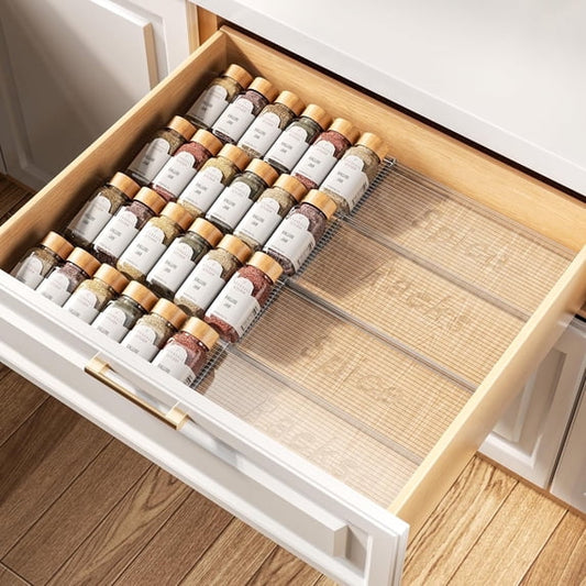PanPanPal Spice Drawer Organizer, 2 Tier Expandable from 11" to 22" Seasoning Rack Tray Insert, Spice Rack Tray for Kitchen Drawer Countertop, Transparent