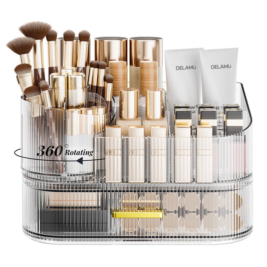 Rotating Makeup Organizer, LAMU Makeup Organizer Countertop, Capacity Cosmetic Display Case, Clear