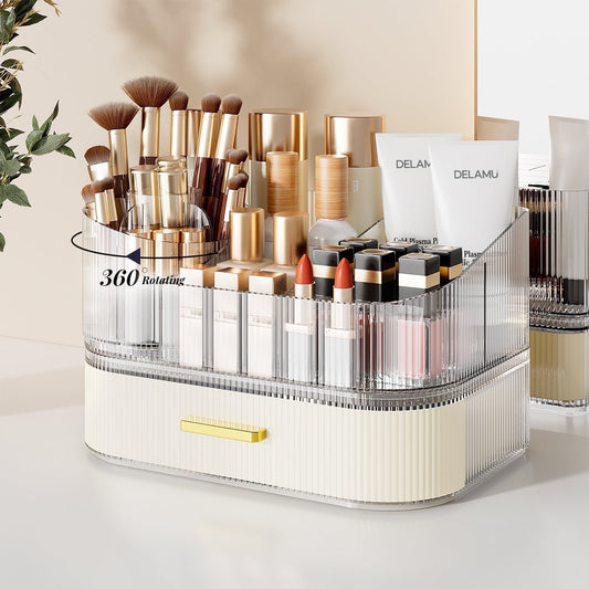Acrylic Rotating Make up Organizer, LAMU Make up Organizer for Counter,Capacity Cosmetic Display Case, Cream White