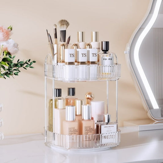 Rotating Makeup Organizer for Vanity 2 Tier, Delamu Skincare Make up Storage Perfume Cosmetic Dresser Organizer Countertop 360 Spinning, Clear
