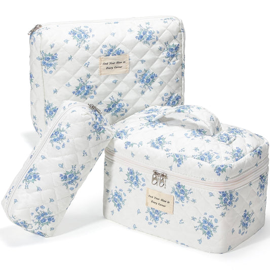 LazySpin Makeup Bag Set, 3-Piece Cotton Cosmetic Toiletry Bag for Travel, Cosmetic Pouch for Organize, Blue Flower