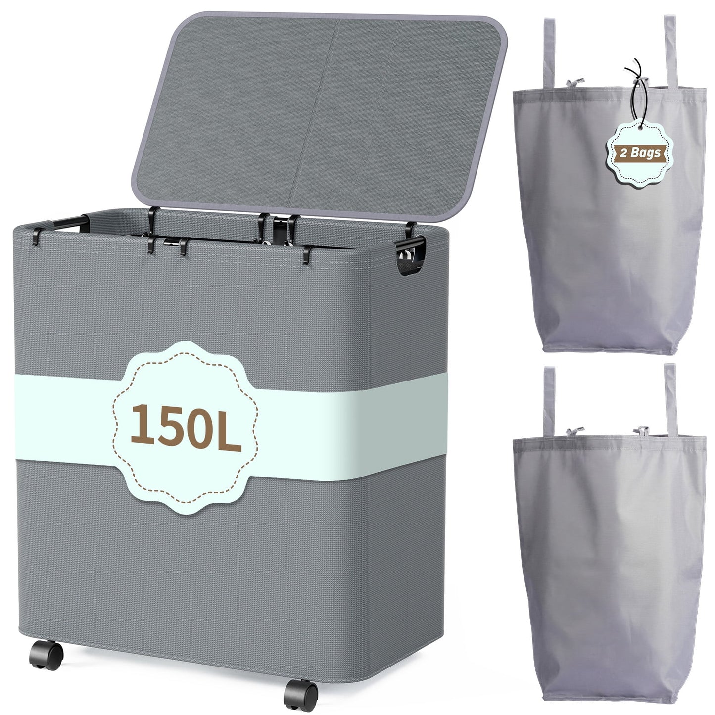 LazySpin 150L Laundry Hamper with Wheels, Rolling Laundry Basket with Lid and 2 Removable Laundry Bag