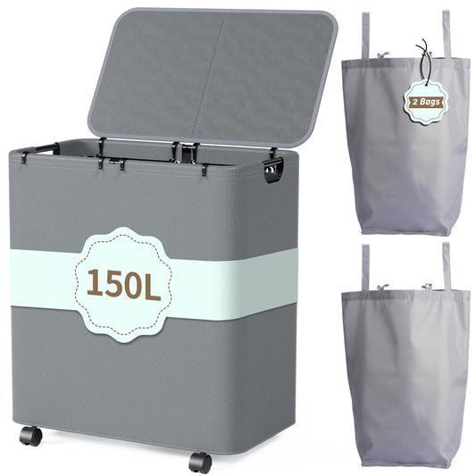 LazySpin 150L Laundry Hamper with Wheels Lids and 2 Removable Bags