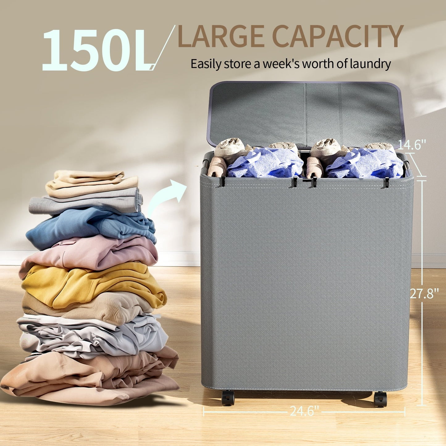 LazySpin 150L Laundry Hamper with Wheels, Rolling Laundry Basket with Lid and 2 Removable Laundry Bag