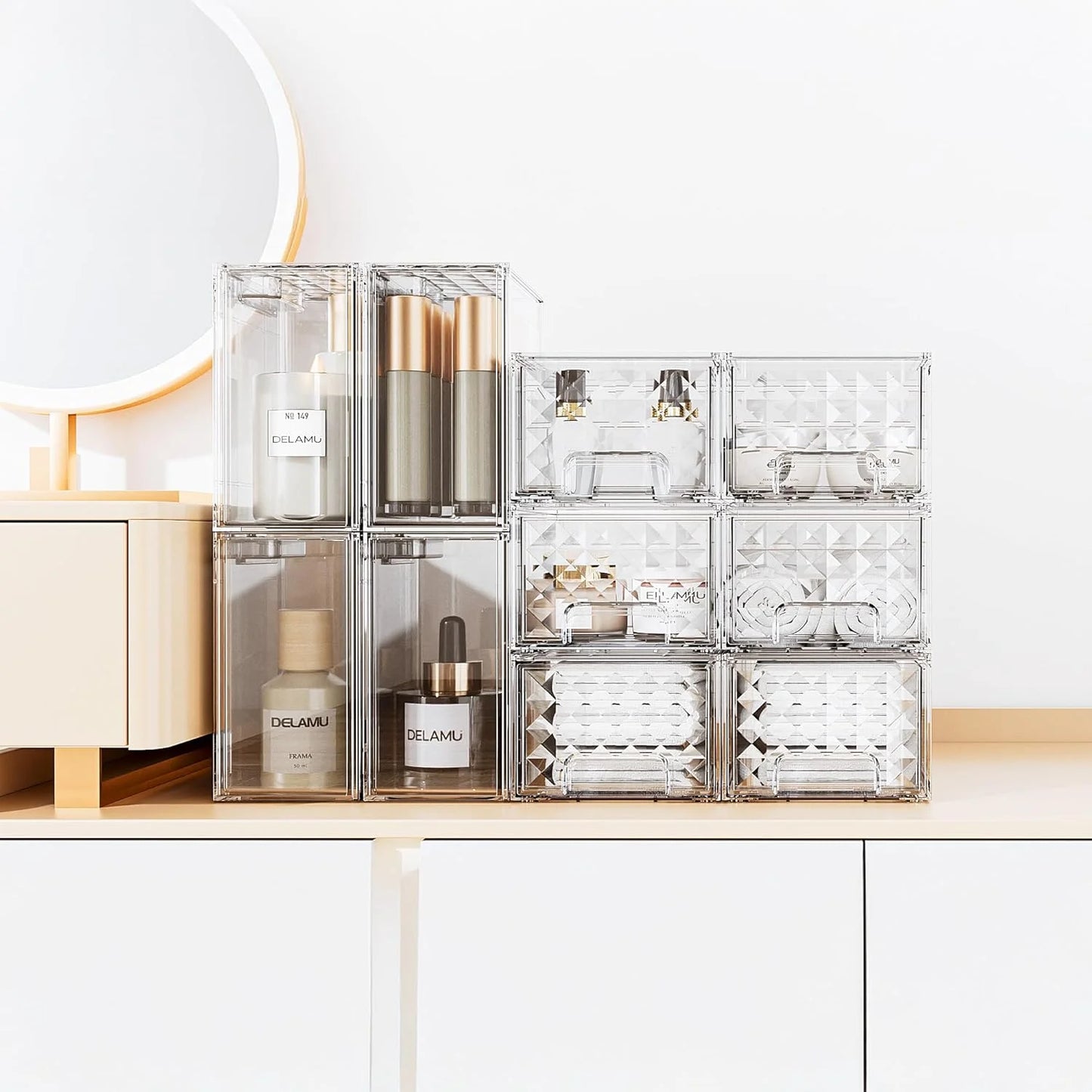 Delamu 2 Pack Stackable Make up Organizer, Clear Plastic Organizer Drawers for Vanity, Cosmetics, Beauty Supplies