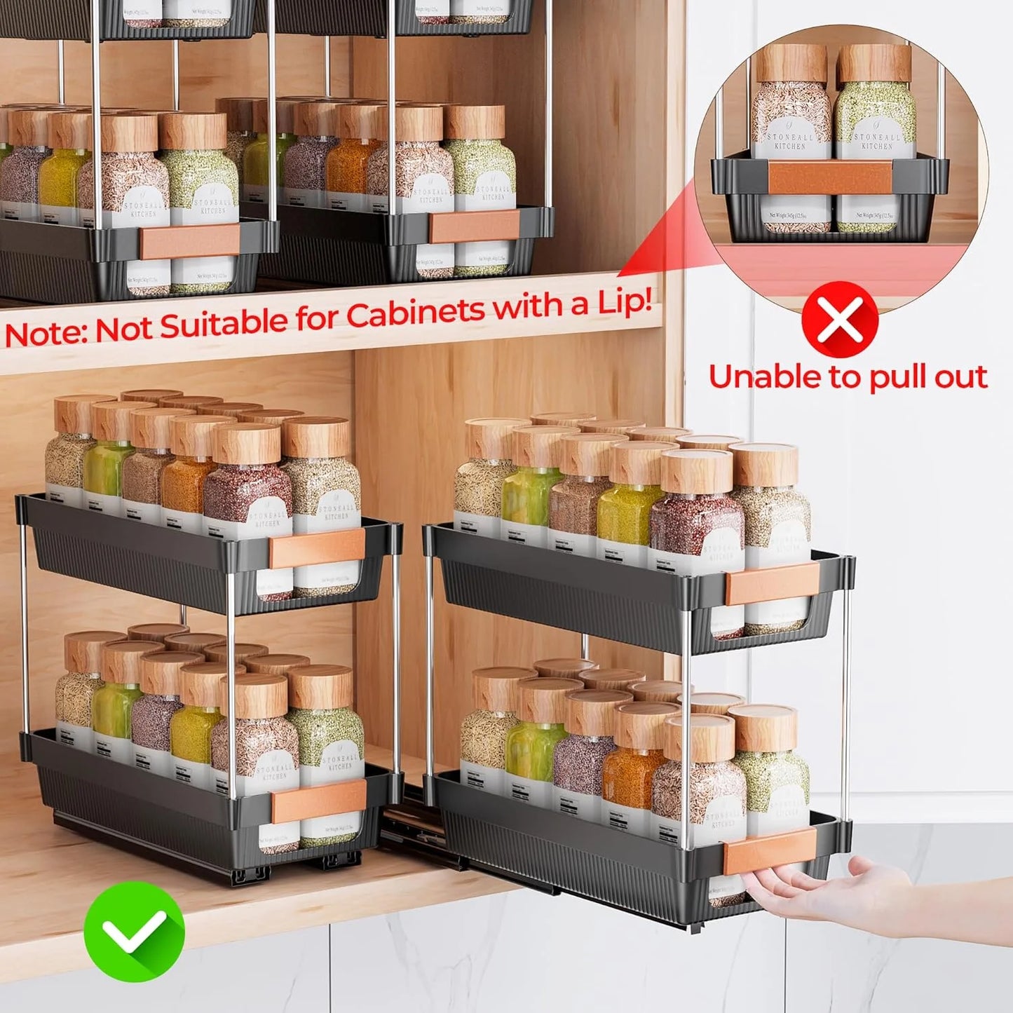 Delamu 2 Pack 2-tier Pull Out Spice Rack Organizer for Cabinet, Slide Out ABS Shelf, Multi Purpose Kitchen Cabinet Organizer, Black