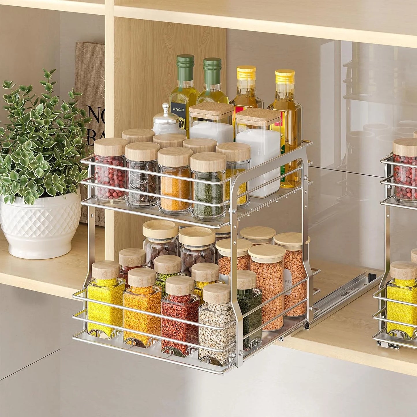 Delamu Pull Out Spice Organizer for Inside Cabinet, 2 Tier Spice Rack Organization for Cabinet, 9.65"W x 10.7"D x 10.24"H, Slide Out Seasoning Organizer, Silver