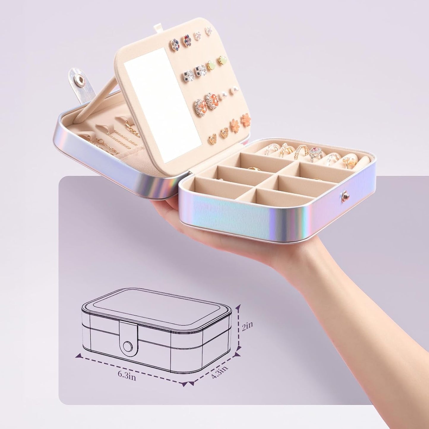 Delamu Portable Jewelry Box with Snap Lock Double-Layered Organizer for Women Girls PU Leather Travel Display Case for Earrings Rings Necklaces
