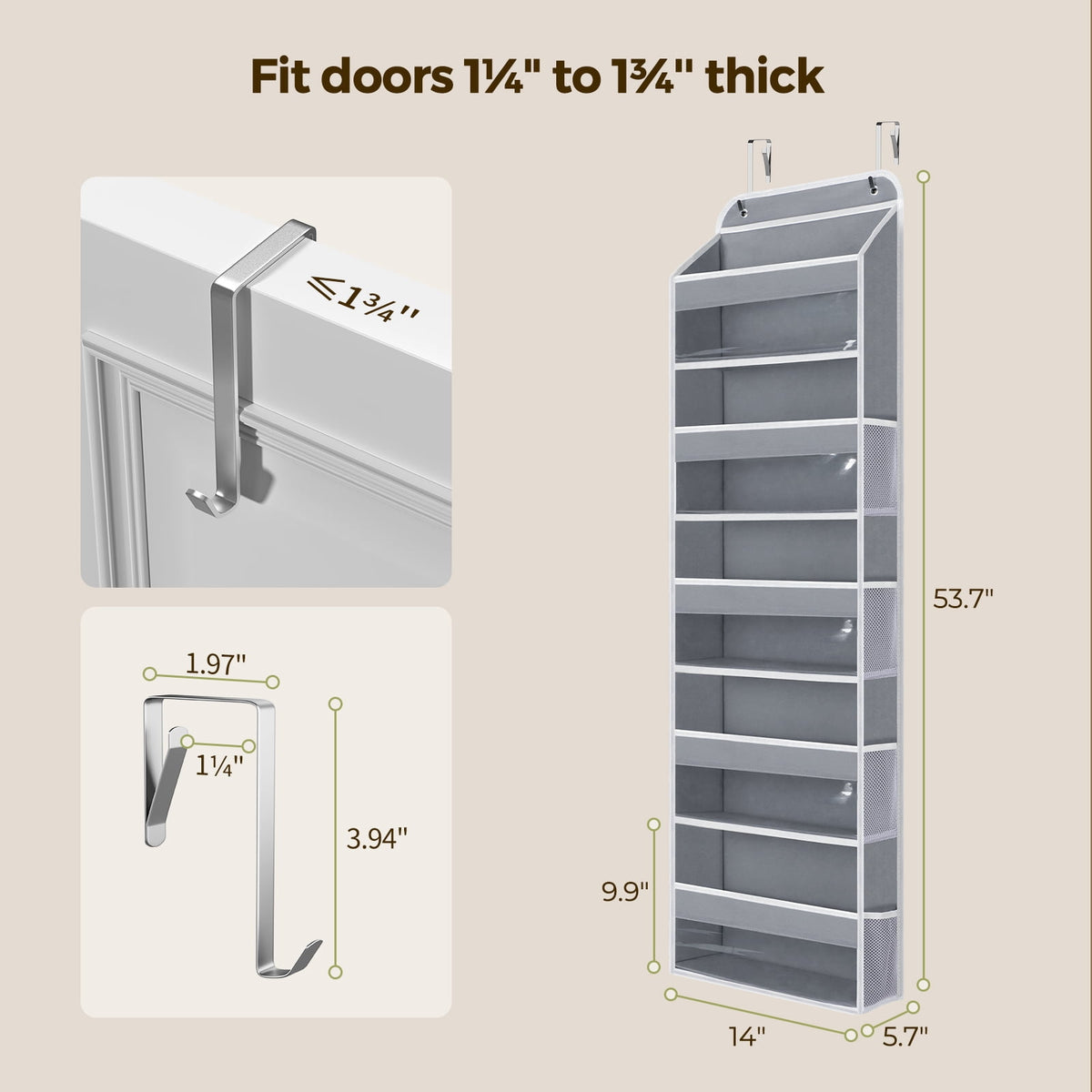 1 Pack 5 Tier Over The Door Organizer, Hanging Storage Organizer with Clear PVC Window, 40lb Large Capacity Room Organizer for Pantry Laundry Bathroom Nursery Closet Essential, Gray