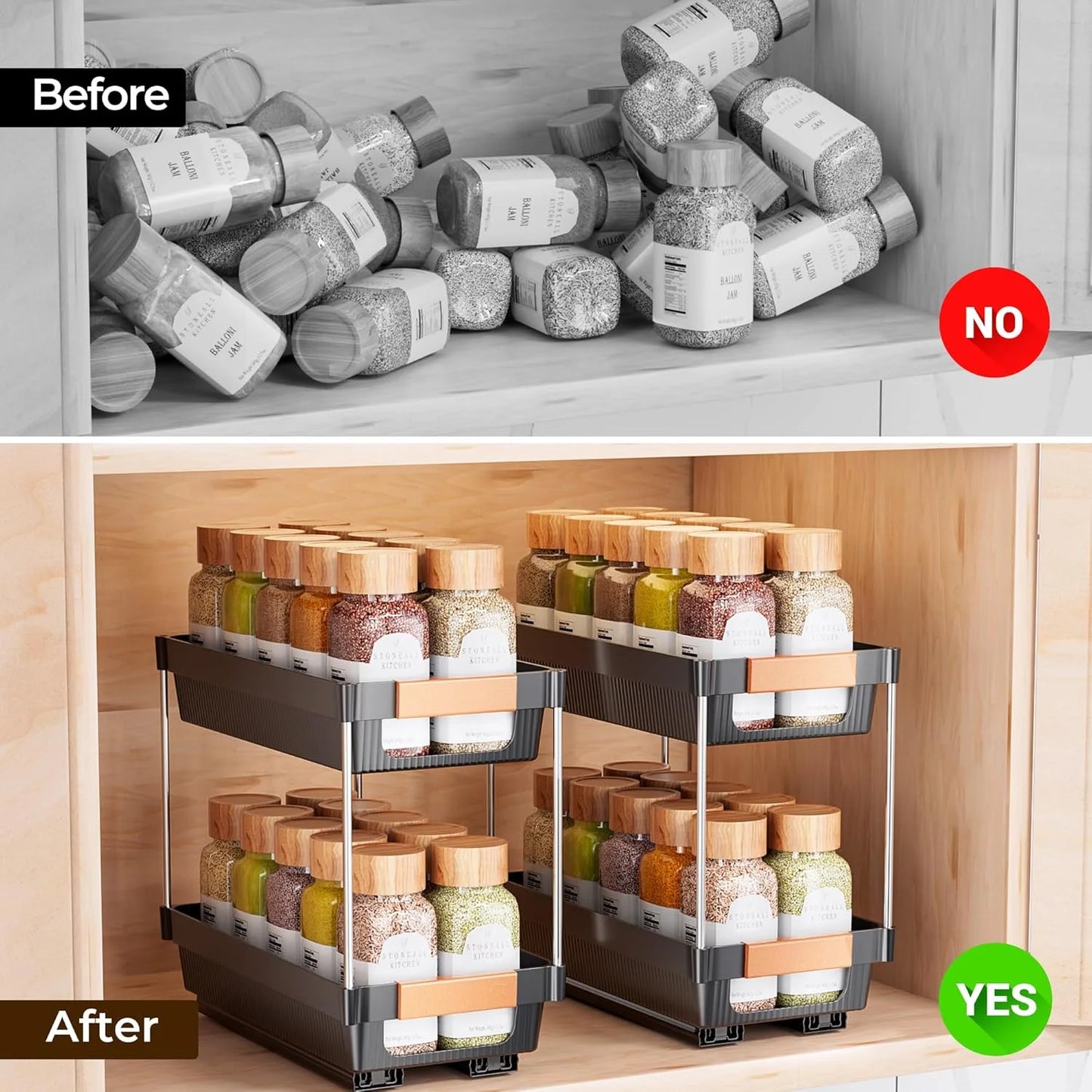 Delamu 2 Pack 2-tier Pull Out Spice Rack Organizer for Cabinet, Slide Out ABS Shelf, Multi Purpose Kitchen Cabinet Organizer, Black