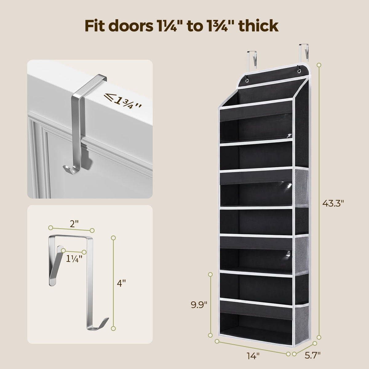 4 Tier Over The Door Organizer, LazySpin Bathroom Door Organizer Hanging with Clear PVC Window for Laundry Nursery Closet Essential, Black