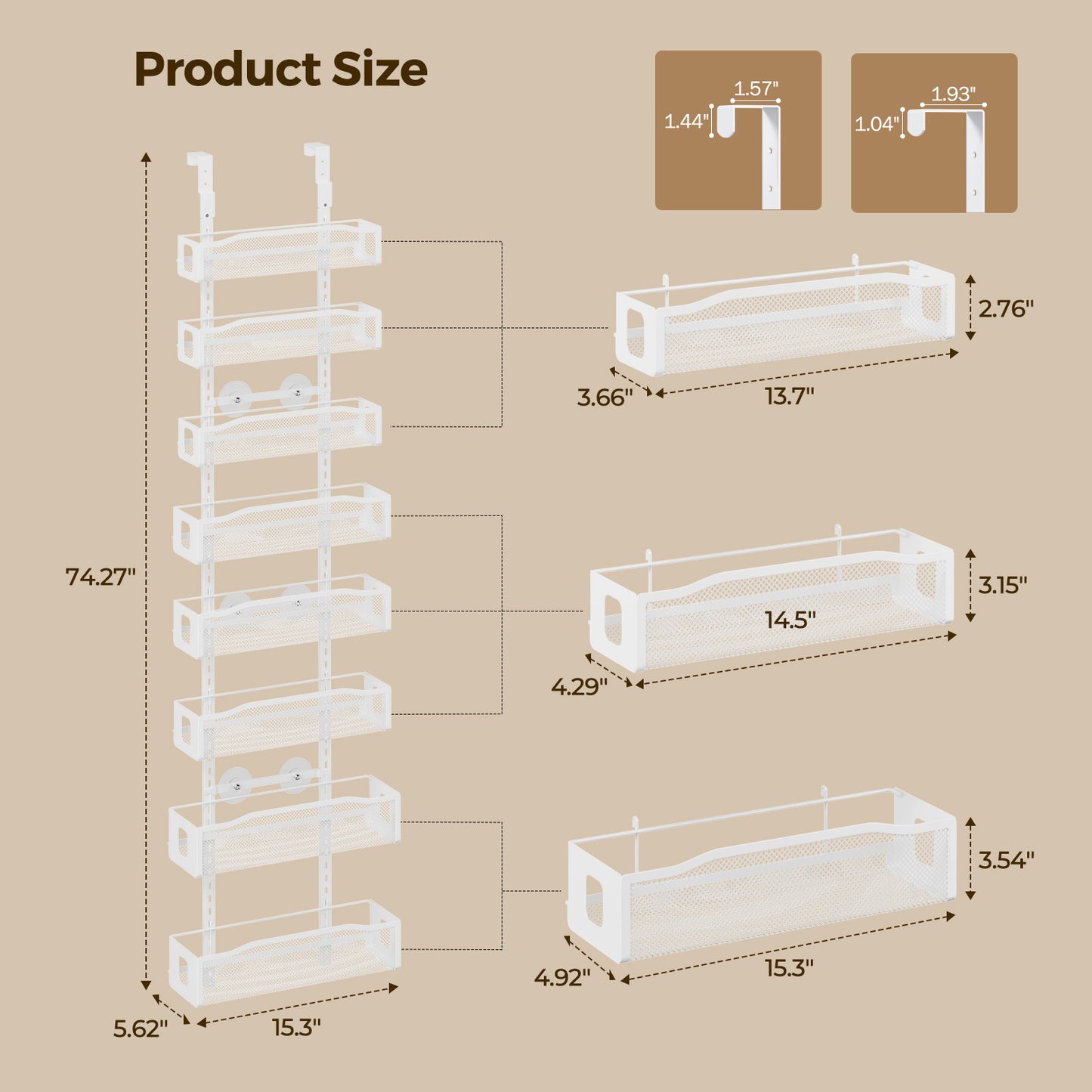 Delamu Over the Doors Pantry Organizer Rack 74'H with Adjustable Baskets, 8 Tiers Dual-Use Hanging or Door Mount Spice Rack Organizer, White