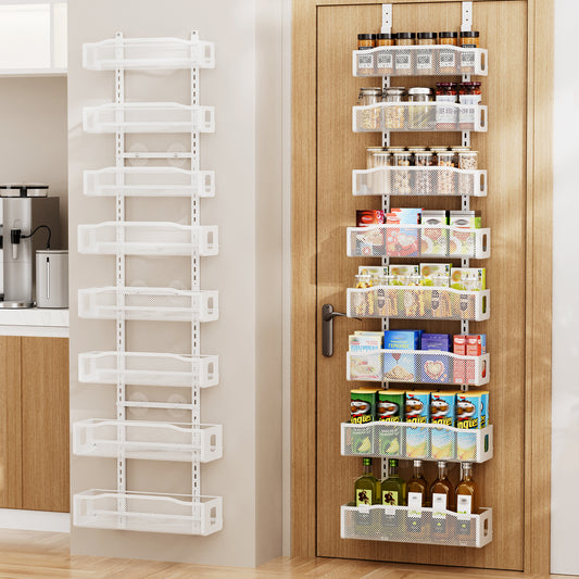 Delamu Over the Doors Pantry Organizer Rack 74'H with Adjustable Baskets, 8 Tiers Dual-Use Hanging or Door Mount Spice Rack Organizer, White
